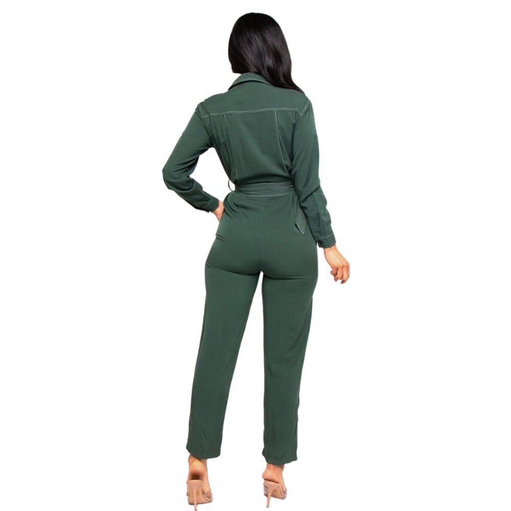 Women's Small Green Long Sleeve Button Front Pant Jumpsuit Belted Pockets Sexy - Picture 3 of 9